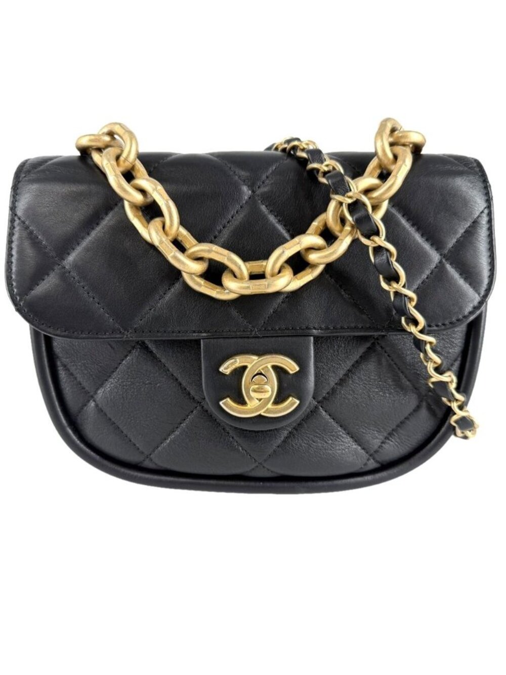 Chanel 2-Way Quilted Handbag Chain Shoulder Bag Crossbody CC Logo Lambskin Black